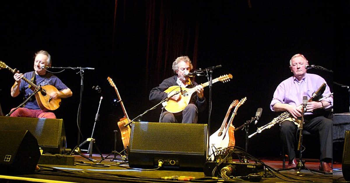 Dónal Lunny, Andy Irvine and Liam O'Flynn performing with Paddy Glackin in Glasgow